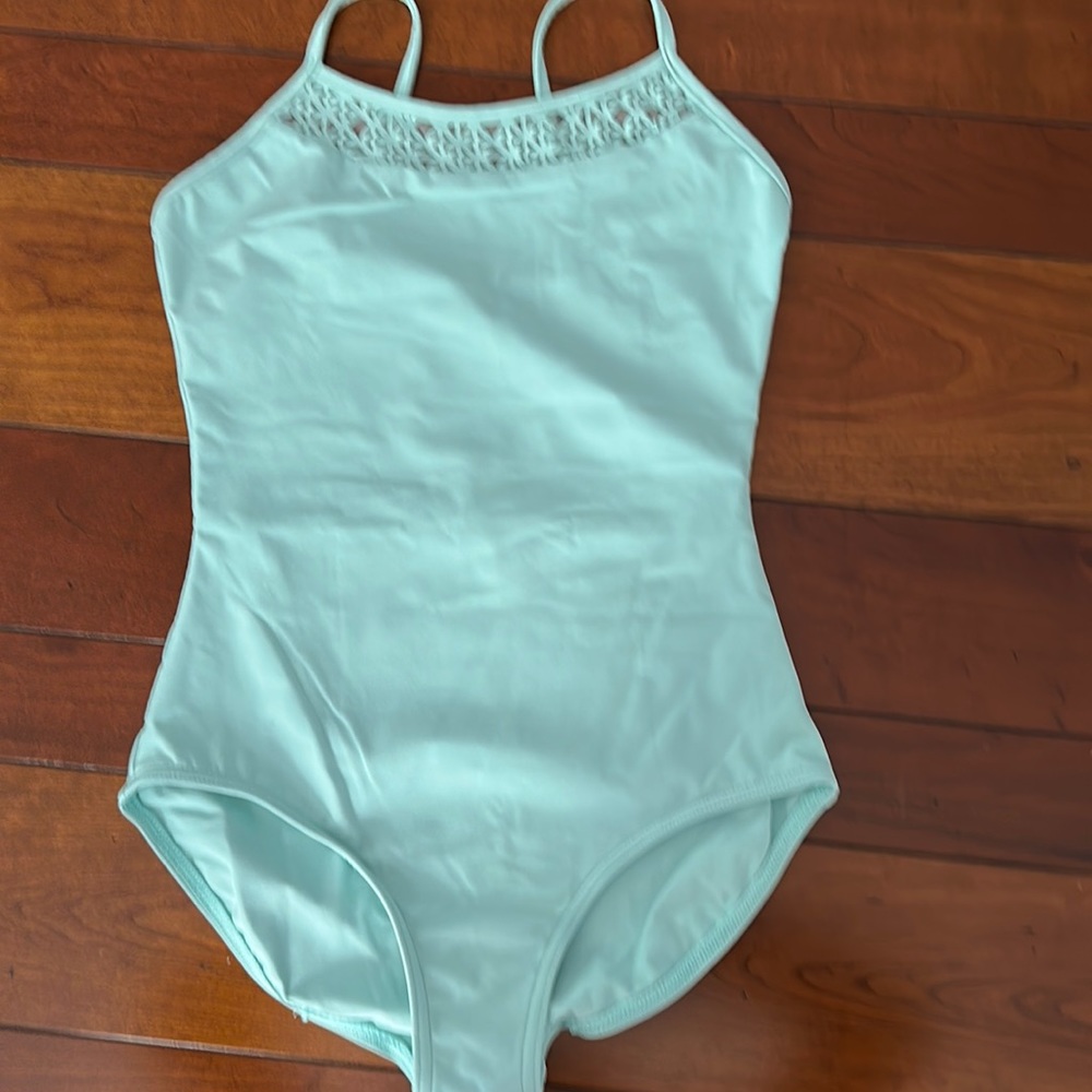 NWOT mint green Lycra camisole leotard by Capezio w/mesh lattice detail sz L